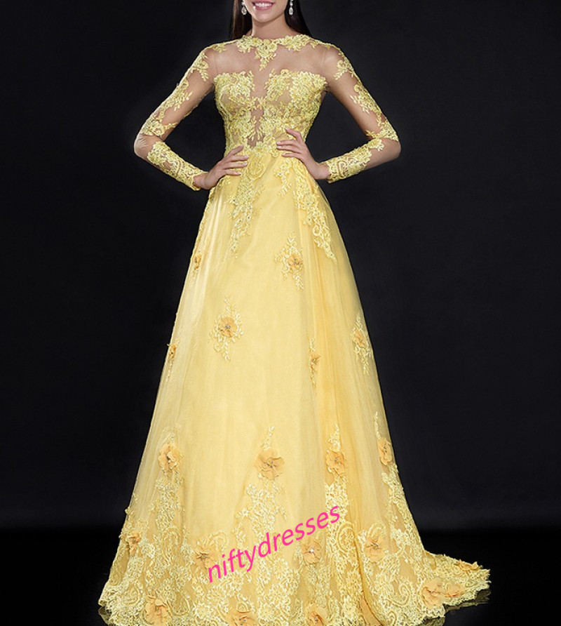 yellow long sleeve formal dress