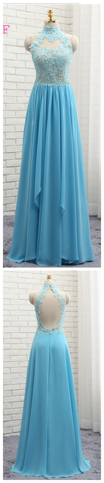 A-Line/Elegant Halter Sleeveless Chiffon Lace Prom Dresses