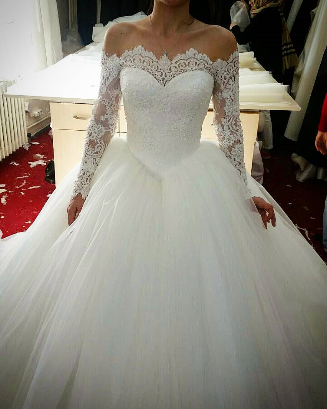 Lace Off The Shoulder Long Sleeves Floor Length Tulle Wedding Gown